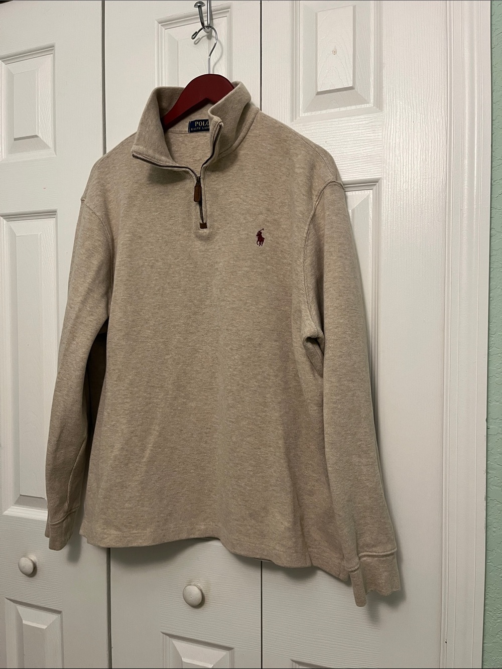 Polo by Ralph Lauren Mens Quarter-Zip Sweater Tan with Brown Pony - Picture 3 of 7